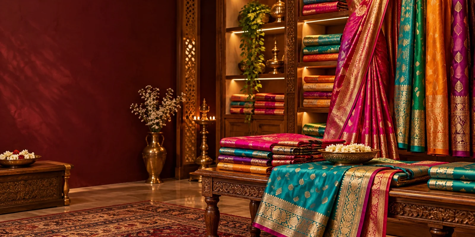 Vibrant silk sarees with woven gold borders in an Indian textile boutique